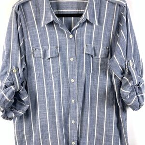 Karl Lagerfeld Paris XL Blue White Striped Roll Tab Utility Shirt